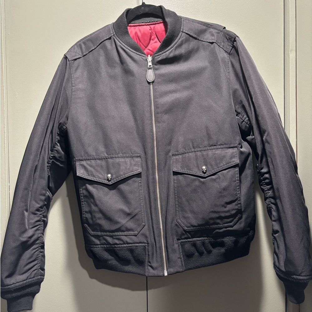 The Kooples Black Bomber Jacket with Red Lining